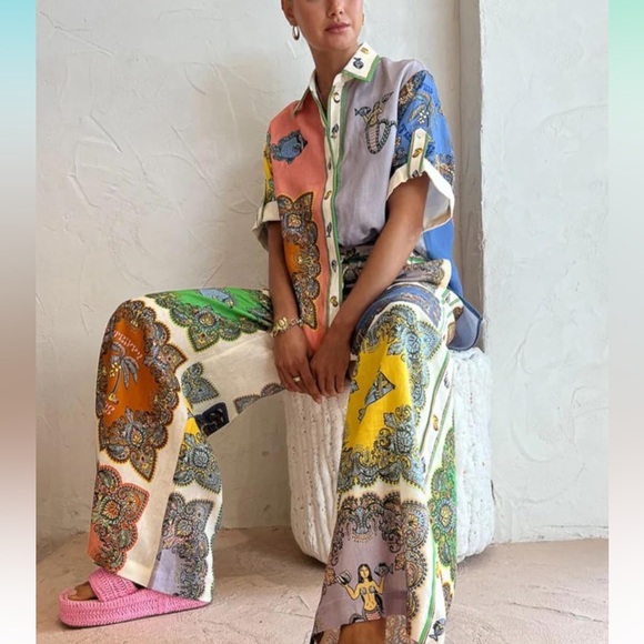 NEW Two Piece Linen Matching Pant Shirt Set Wide Leg, High Waist, Boho Style, XL - Picture 3 of 10